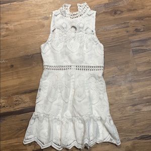 HIGH NECK CROCHET CUT OUT RUFFLE TRIM MINI DRESS